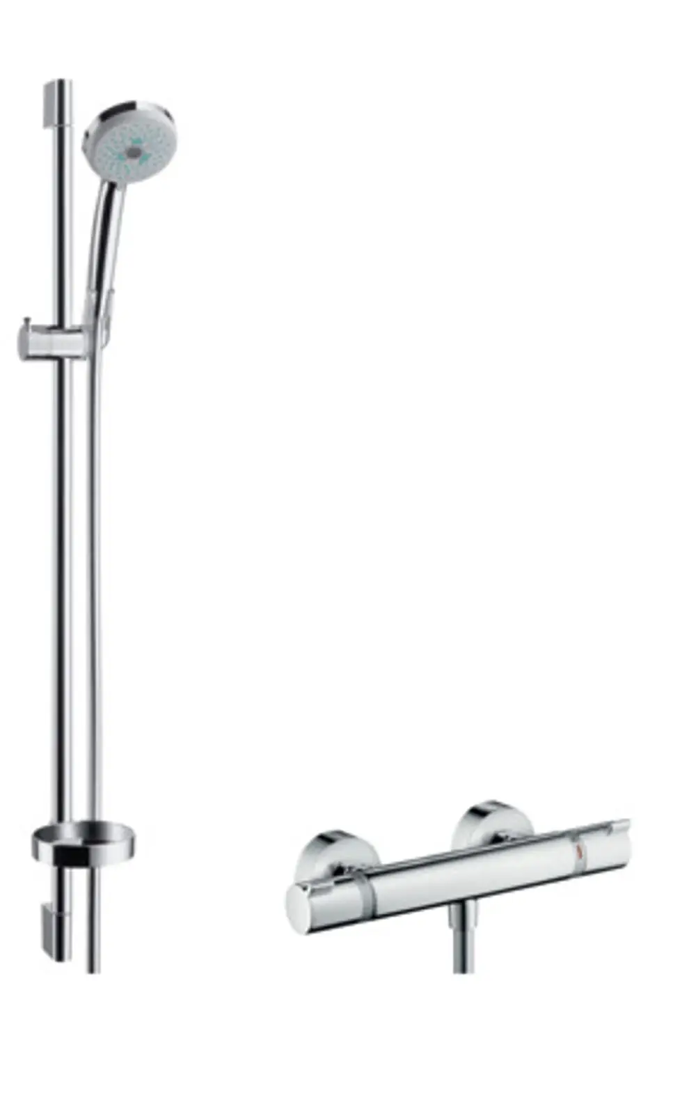Brausesystem bestehend aus einer Dusche mit Brausestange und Thermostat von Hansgrohe. Die Oberfläche hat ein verchromtes Finish.